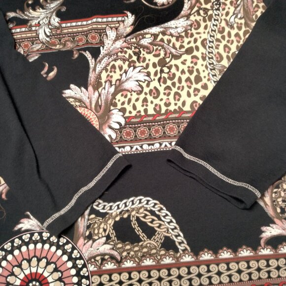 Vintage Y2K New Directions Petite Shirt PXL Black Cat Print Mandala Chain Bling - Picture 10 of 10